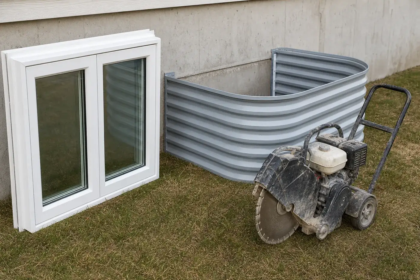 Egress window cost pieces: a white basement window, a steel window well and a concrete saw beside a foundation wall