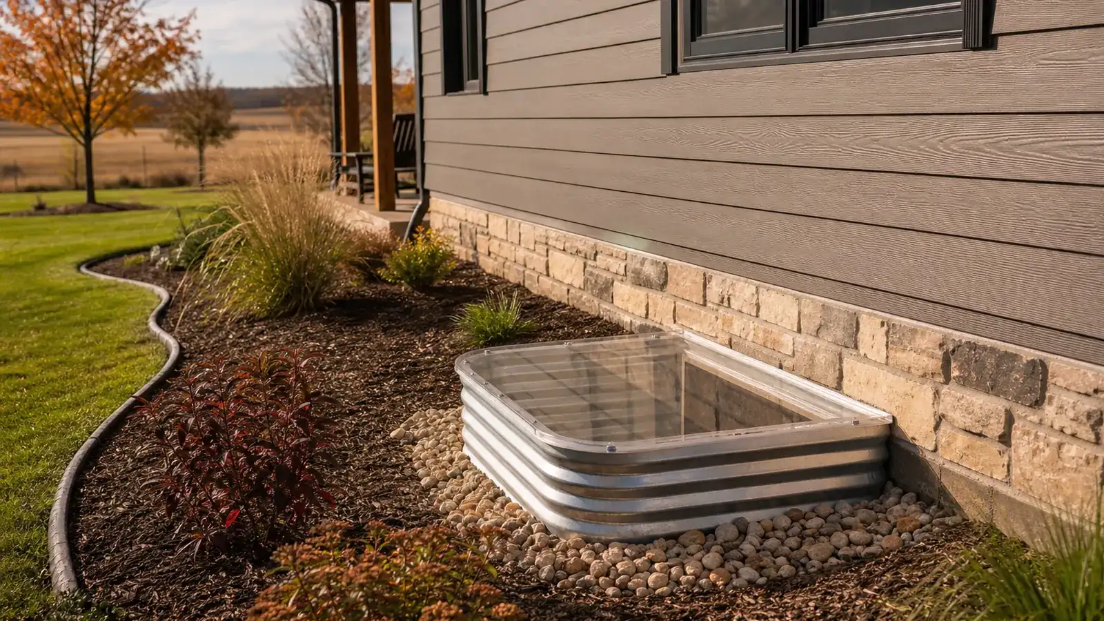 Egress window well of ribbed steel with a clear dome cover, set in river rock beside a stone-faced basement wall
