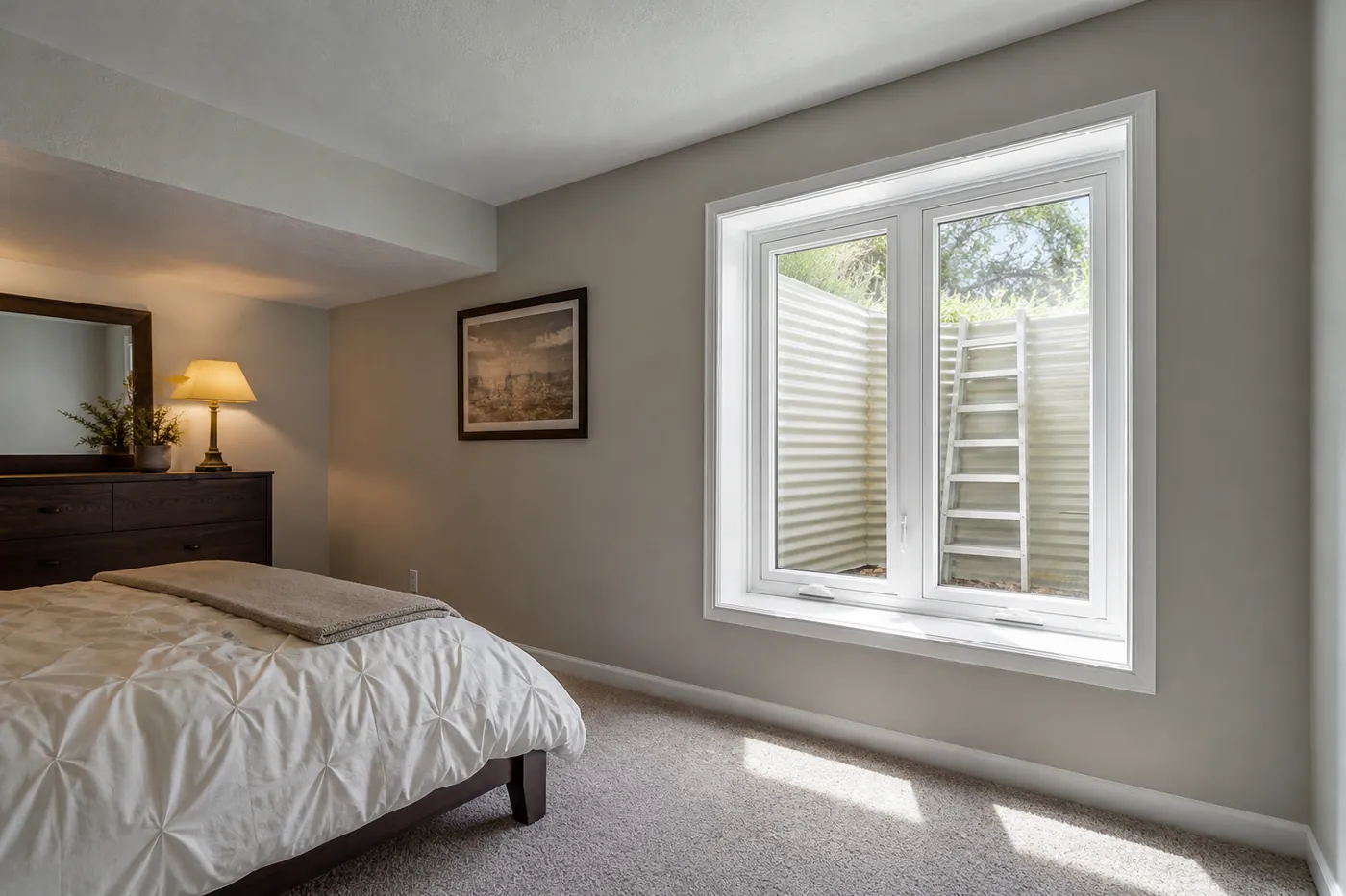 Basement egress window in a finished bedroom: a white casement window opening onto a window well with a ladder